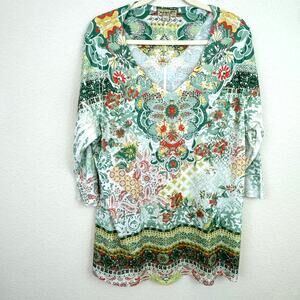 One World Women's Pullover Tunic Top Size XXXL Gold Beaded Floral White Green